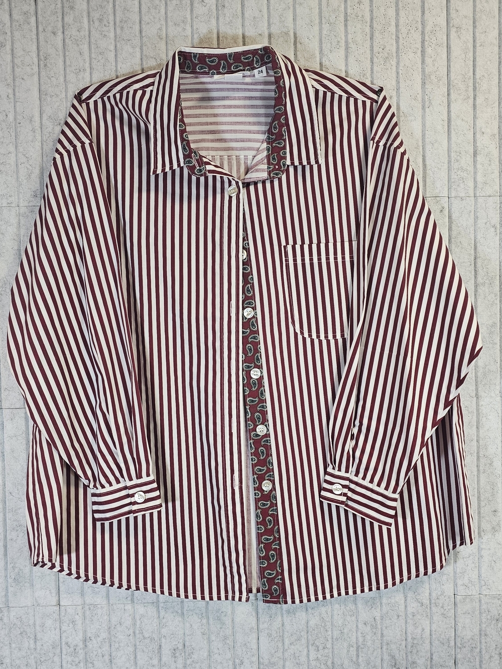 Victoria Jones Women’s Button Down Shirt Size 24 Red White Striped Paisley Trim